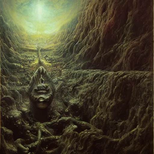 Prompt: the lonely abyss | highly detailed oil painting, hyperrealistic, very intrincate | cinematic lighting, award - winning | by rachel ruysch, giger, beksinski and bocklin | by austin osman spare and william blake, trending on artstation, cgsociety, official art, octane.