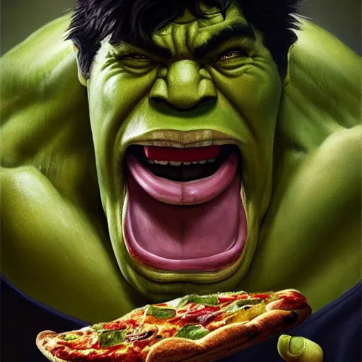 Prompt: portrait of Hulk opening his mouth to eat pizza, also smashing pizza with his fists, highly detailed, digital painting, artstation, concept art, sharp focus, illustration, art by artgerm and greg rutkowski and alphonse mucha
