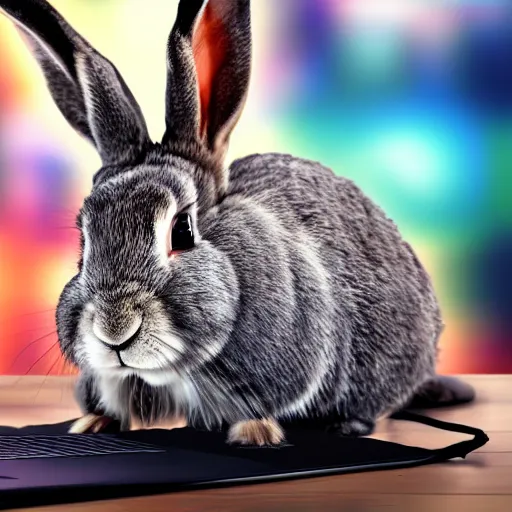 Prompt: A rabbit, playing on a computer, wearing a headset, big monitor, angry, realistic, HDR shot