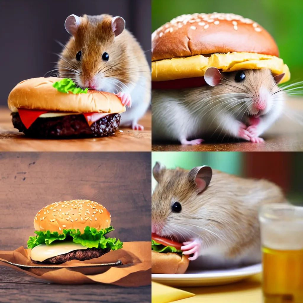 Prompt: A hamster eating an hamburger