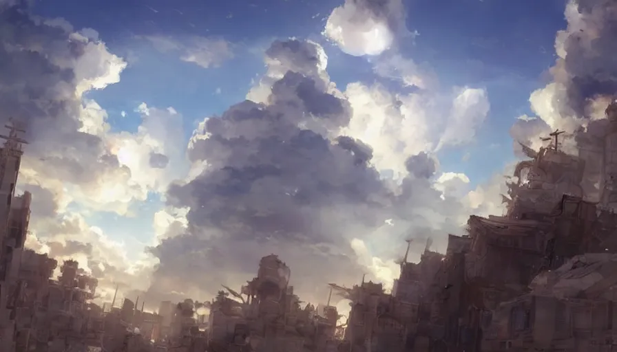 Image similar to a apocalyptic city ruin, fluffy white clouds in the blue sky on a beautiful windy day, trending on pixiv fanbox, painted by takashi takeuchi greg rutkowski makoto shinkai takashi takeuchi studio ghibli