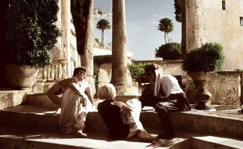 Prompt: still from l'estate, a movie by luchino visconti ( 1 9 7 4 ) set in capri. dramatic light, cinematic composition, flamboyant