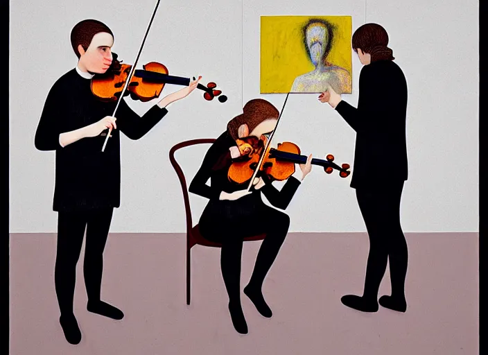 Prompt: portrait of two young violin players getting ready to perform looking, half figure front, francis bacon and pat steir and hilma af klint and james jean, psychological, photorealistic, intriguing details, rendered in octane, altermodern