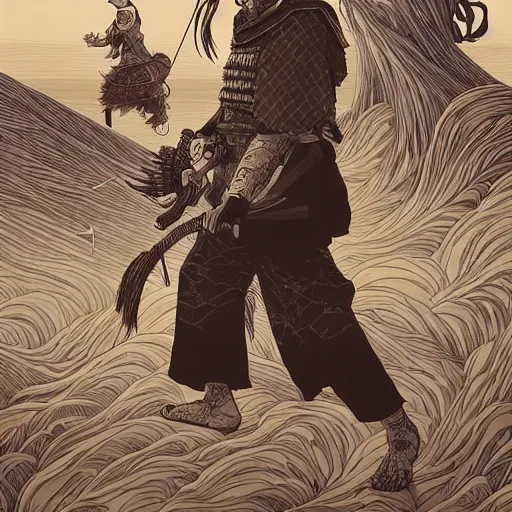 Prompt: mcbess illustration of an old samurai who has seen the world many times, intricate complexity, by greg rutkowski, artgerm, ross tran, conrad roset, takato yomamoto, ilya kuvshinov. 4 k, beautiful, cinematic dramatic atmosphere