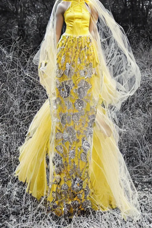 Image similar to elegant spring floral patterned mystical fashion fantasy slavic cybernetic lace dress, yellow pink and silver, coin-chain veil, haute couture scifi fashion photography beautiful model, full-body outfit natural scene