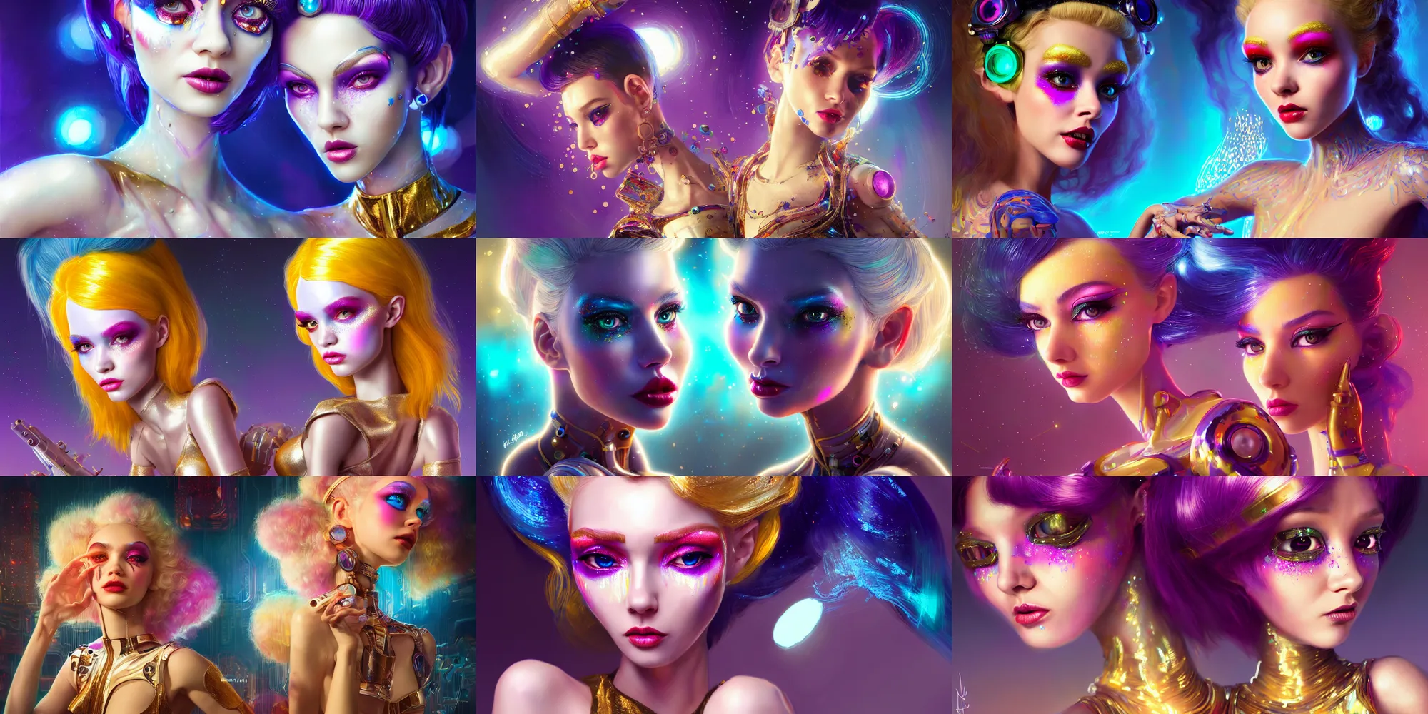 Prompt: pixar portrait 8 k photo, beautiful shiny white rich galactic gogo dancer clowncore russian cyborg college girl, golden ratio details, sci - fi, polished, cyberpunk, intricate, decadent, highly detailed, digital painting, ever after high, octane render, artstation, concept art, smooth, sharp focus, illustration, art by artgerm, loish, wlop