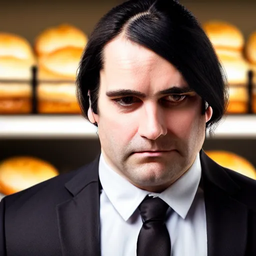 Prompt: Close up portrait of a clean-shaven chubby man with long black hair wearing a brown suit and necktie with a bakery in the background. Photorealistic. Award winning. Dramatic lighting. Intricate details. UHD 8K. He looks guilty