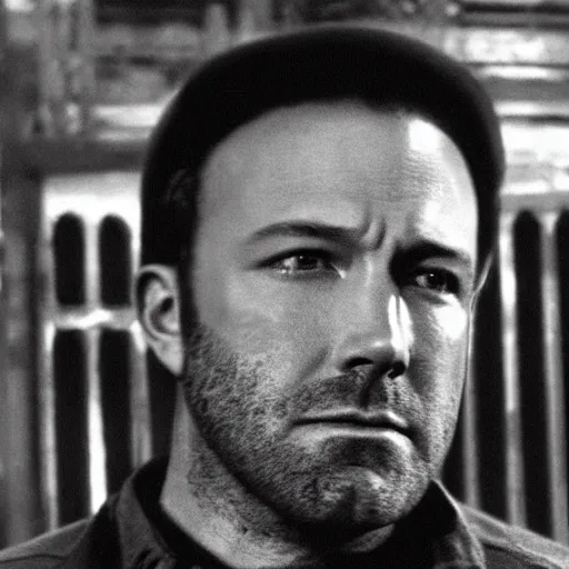 Image similar to sad ben affleck wearing checkered shirt and white cap, soviet movie poster