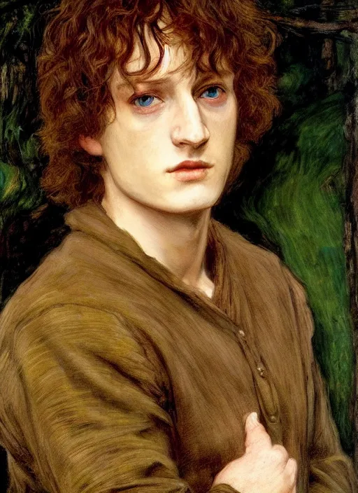 Image similar to a beautiful painting of frodo by John Everett Millais and Dante Gabriel Rossetti and John Collier and john william waterhouse, pre-raphaelite, detailed, trending on artstation, hd, masterpiece