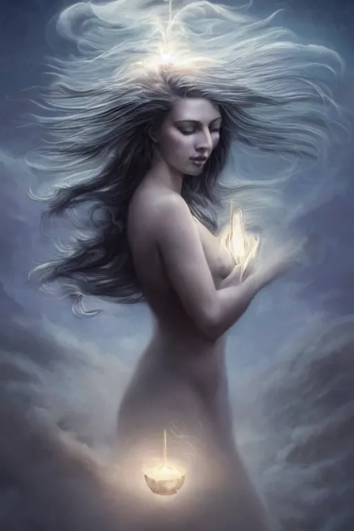 Prompt: a celestial goddess casts a transcendental magical spell, windy floating hair!!, atmospheric moody, dark academia, seductive beauty! cinematic volumetric lights, bust portrait, dnd, fantasy, intricate, elegant, highly detailed, digital painting, artstation, concept art, smooth, sharp focus, illustration, art by artgerm and tom bagshaw and greg rutkowski and alphonse mucha