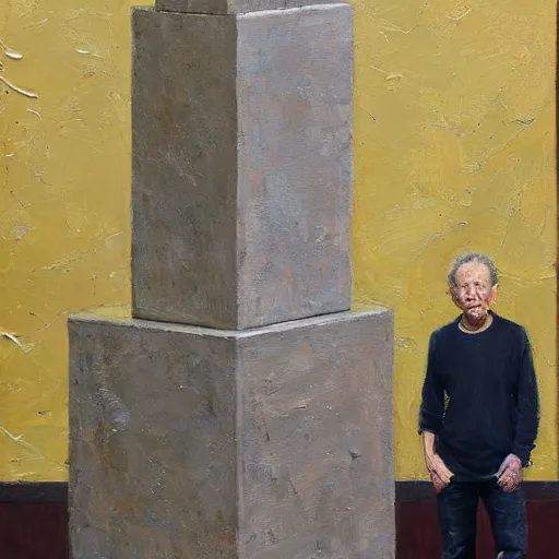 Image similar to a detailed, impasto painting by shaun tan and louise bourgeois of an abstract forgotten sculpture on a pedestal by ivan seal and the caretaker