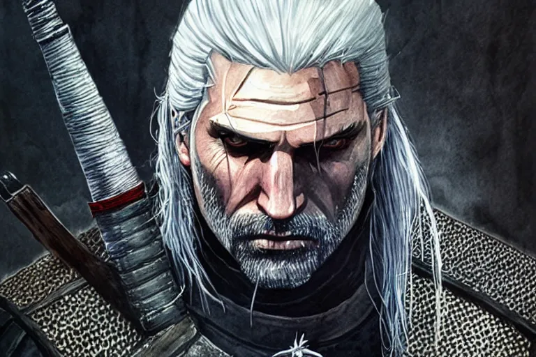 Image similar to a watercolour of Geralt from The Witcher by Josepth zbukvic