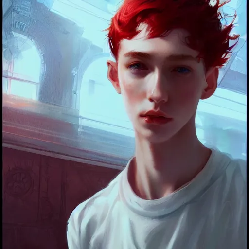 Image similar to teen boy, red hair, modern clothes, gorgeous, amazing, feminine, elegant, intricate, highly detailed, digital painting, artstation, concept art, sharp focus, illustration, art by WLOP and greg rutkowski