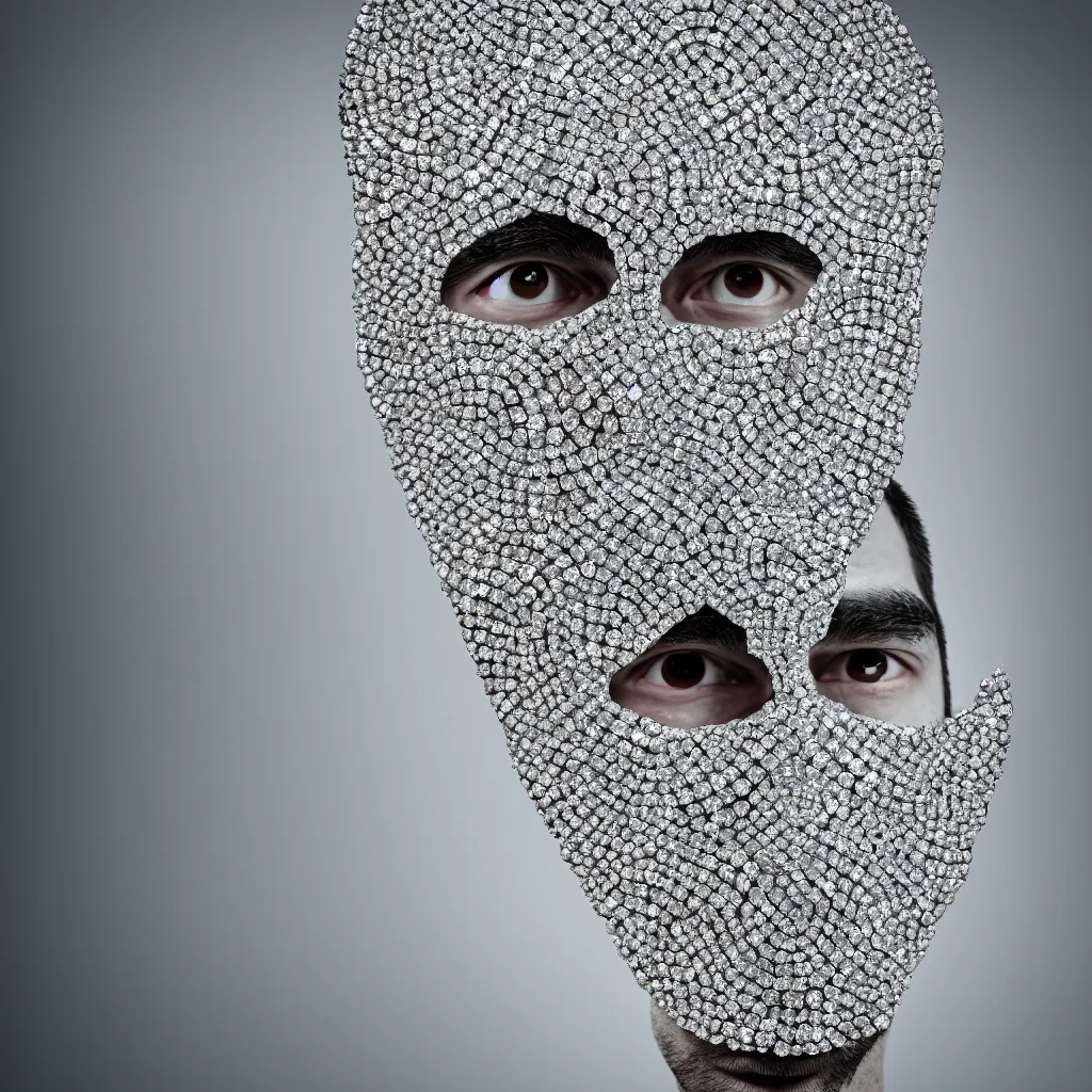 Image similar to an album cover photo portrait of a man with a diamonds mask on his head, behance contest winner, award winning, masterpiece, pop surrealism, made of diamonds, surrealist, 80mm close up (CU) f/1.8-3