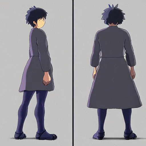 Image similar to a reference sheet containing three pictures of a hero by ghibli studio, front back view and side view, proportions, ready to model,