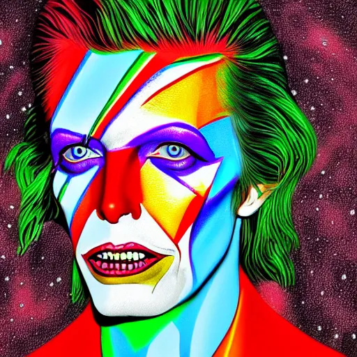 Image similar to an extremely psychedelic portrait of david bowie as the joker, surreal, lsd, face, detailed, intricate, elegant, lithe, highly detailed, digital oth, sharp focus, illustration,