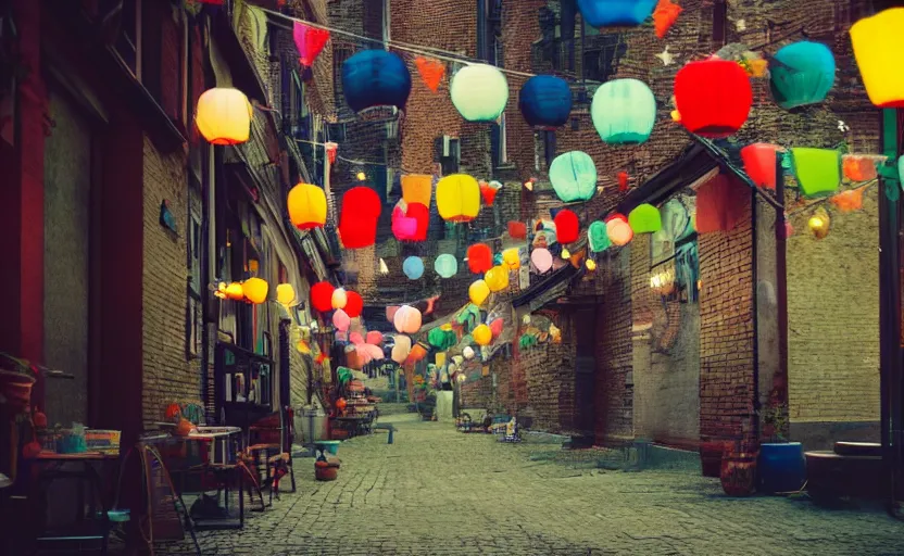 Image similar to mini cafe diorama macro photography, tilt shift, alleyway, ambient, atmospheric photograph, colorful paper lanterns, romantic