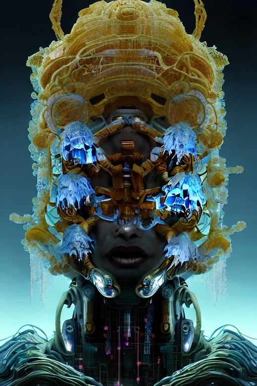 Image similar to asura from chinese myth, ghost, gorgeous and huge head ornaments, dystopian, cyberpunk, organic fractal mycelum and fungi, mecha, halfturn portrait of a big crystal face made of crystals half - turn, ominous, intricate, studio, art by anthony macbain + greg rutkowski + alphonse mucha, concept art, 4 k, sharp focus