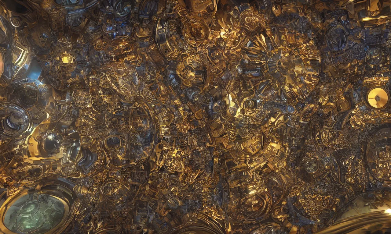 Image similar to steampunk engine laboratory 3 d volume kaleidoscope fractal voronoi metal chakra digital multicolor stylized concept substance natural color scheme, global illumination ray tracing hdr fanart arstation by sung choi and eric pfeiffer and gabriel garza and casper konefal