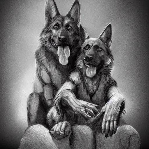 Image similar to two humanoid german shepherds beast - men, sitting on a couch and hugging together, artstation, concept art, smooth, sharp foccus ilustration, artstation