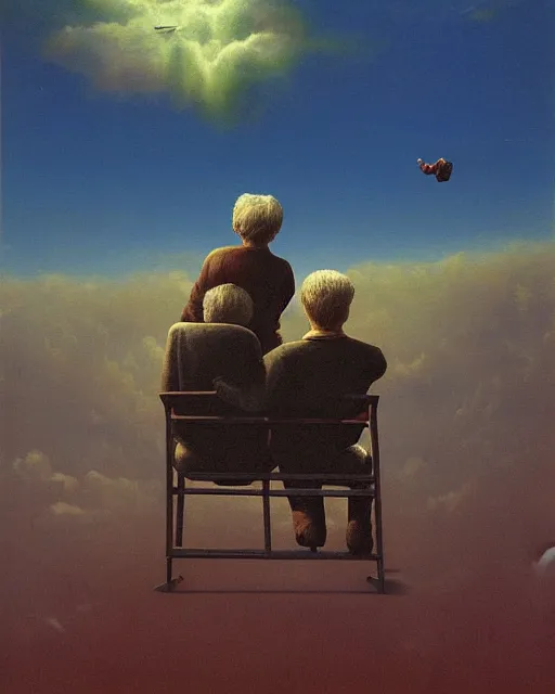Prompt: old couple sitting on a couch in front of a boy flying in sky, psx game graphics , Beksinski painting