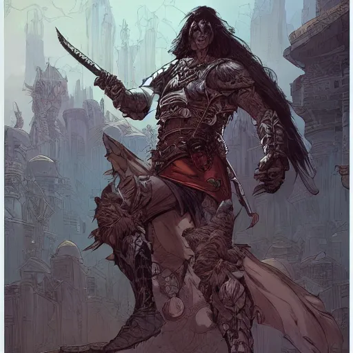 Image similar to cell shaded cartoon, a portrait of a fully armored evil warlock version of conan the barbarian, illustration, wide shot, subtle colors, concept art by josan gonzales and wlop, laurie greasley, jordan grimmer and james jean, highly detailed, sharp focus, trending on artstation, hq, deviantart, art by artgem