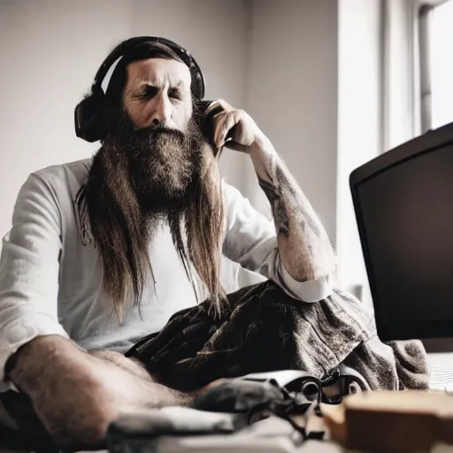 Image similar to homeless man with long beard and long hair sitting at his computer in an asylum, headphones on head, yorkshire terrier sitting beside him, film still 4 k 8 k