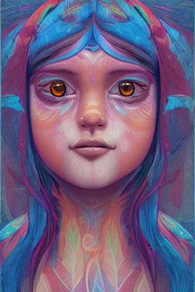 Prompt: little girl character inspired in indigenous and blue arara, digital art by ruan jil and lois van baarle highly detailed, anatomically correct, symmetrical, experimental design, extremely coherent, psychedelic background p