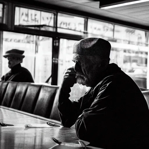 Prompt: a still of a lonely, melancholic old man staring at a slice of cake in a diner, he wears a birthday hat, infront of him is a framed photo facing him, dramatic contrasting light, 50mm, shot on a leica