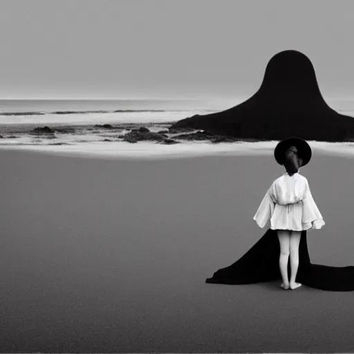 Prompt: A creature 5 meters tall, in a black chiffon layered robe, in a fancy hat and a little girl look into the distance on the seashore,style of Hiroshi Sugimoto::atmospheric illustration