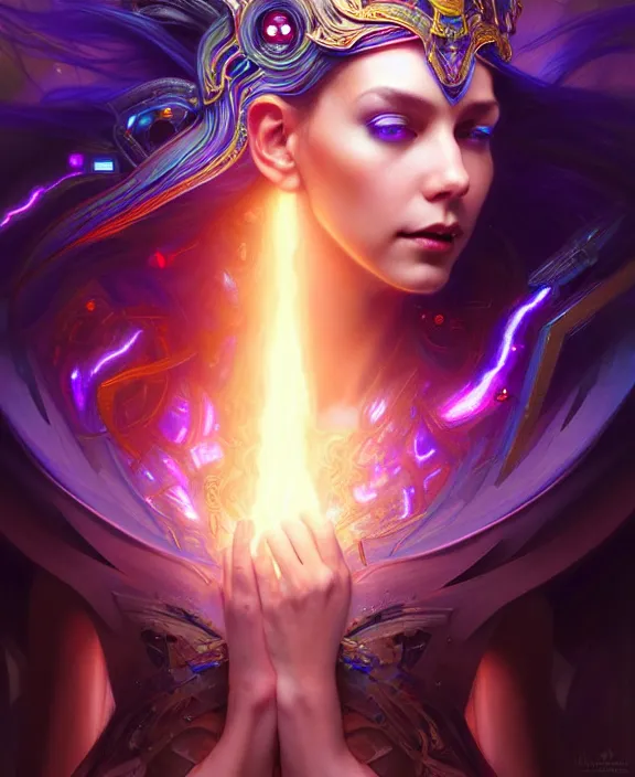 Image similar to a whirlwind of souls rushing inside the metaverse, half body, glowin eyes, tiara with sapphire, pharaoh, android, cyberpunk, d & d, fantasy, intricate, elegant, highly detailed, colorful, vivid color, digital painting, artstation, concept art, art by artgerm and greg rutkowski and alphonse mucha and ruan jia