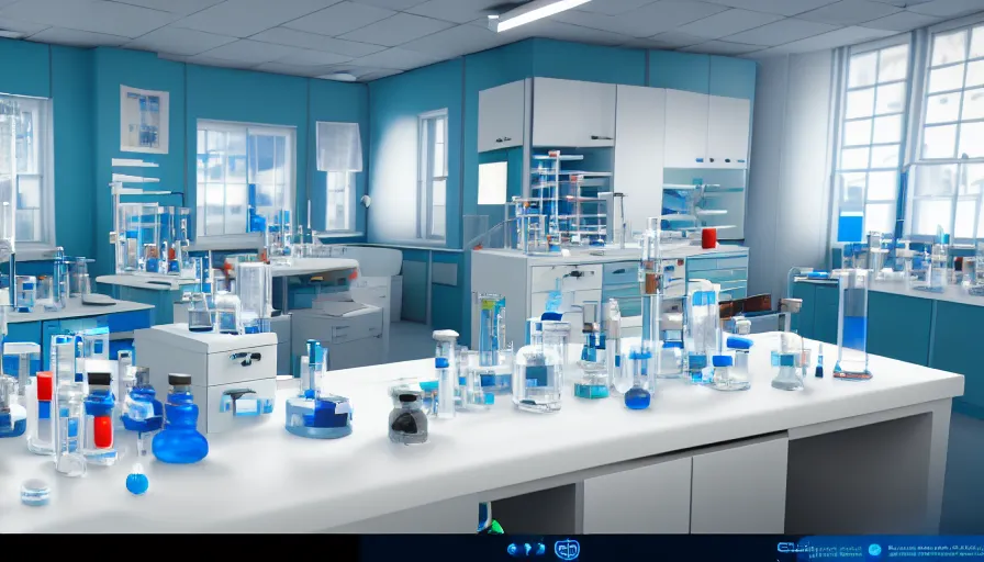 Prompt: a small biology laboratory, white and blue decorations in the room, colorful reagents and a microscope on the table. game cg, hyperdetailed, trending on cgsociety