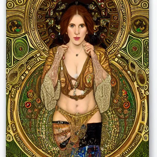 Prompt: !dream realistic detailed dramatic symmetrical portrait of Alex Jones as Salome dancing, wearing an elaborate jeweled gown, by Alphonse Mucha and Gustav Klimt, gilded details, intricate spirals, coiled realistic serpents, Neo-Gothic, gothic, Art Nouveau, ornate medieval religious icon, long dark flowing hair spreading around her