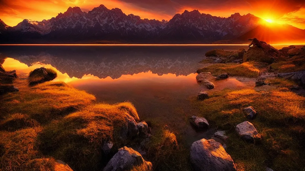 Image similar to amazing landscape photo of mountains with lake in sunset by marc adamus, beautiful dramatic lighting