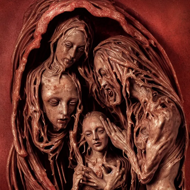 Image similar to dark biomechanical ribbed religious sculpture statue of Madonna and Jesus made of rotten flesh meat, suffering, pastel colorful mold, baroque painting, beautiful detailed intricate insanely detailed octane render, organic 8K artistic photography, photorealistic, chiaroscuro, Raphael, Caravaggio, Giger, Beksinski, black background