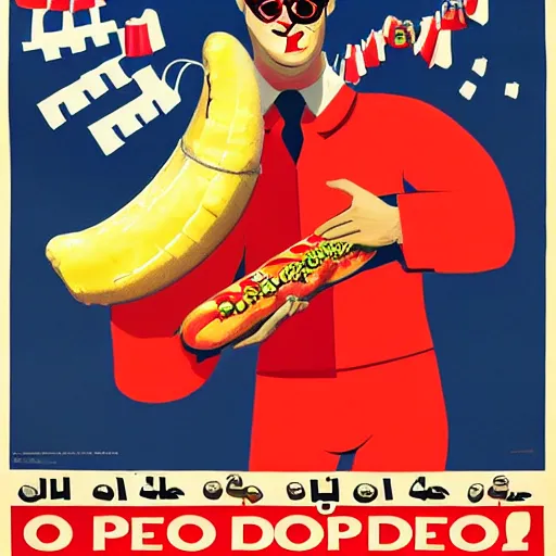 Prompt: pedro sanchez wearing a toreador suit, in a propaganda poster, selling hot dogs