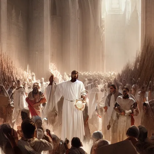 Prompt: many people from all countries, and of all races, languages ​​and peoples. There were so many that no one could count them! They were standing before the throne and the Lamb, dressed in white clothes. In their hands they carried palm branches, digital Art, Greg rutkowski, Trending cinematographic artstation