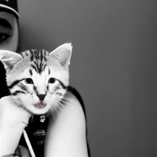 Image similar to 15mm wide-angle lens photo of a rapper in 1990 New York holding a kitten up to the camera