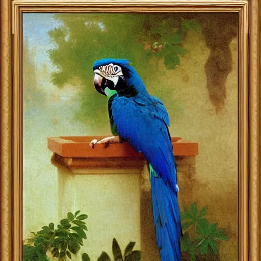 Image similar to Painting of A macaw parrot. Art by william adolphe bouguereau. During golden hour. Extremely detailed. Beautiful. 4K. Award winning.