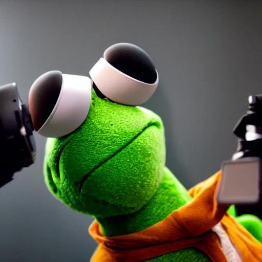 Image similar to 35mm photograph of kermit the frog wearing VR, highly detailed, DSLR, 4K, 8K