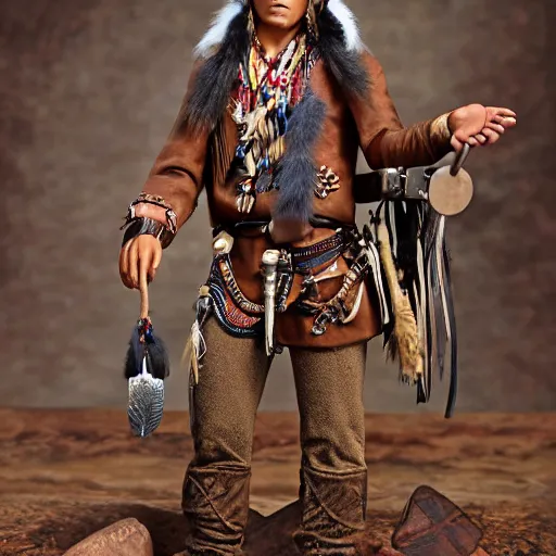 Prompt: young thin native American Indian man, wearing cargo buckskin jacket buckskin tactical toolbelt pockets bandolier full of trinket and baubles, steampunk arcane shaman, deadlands, weird west