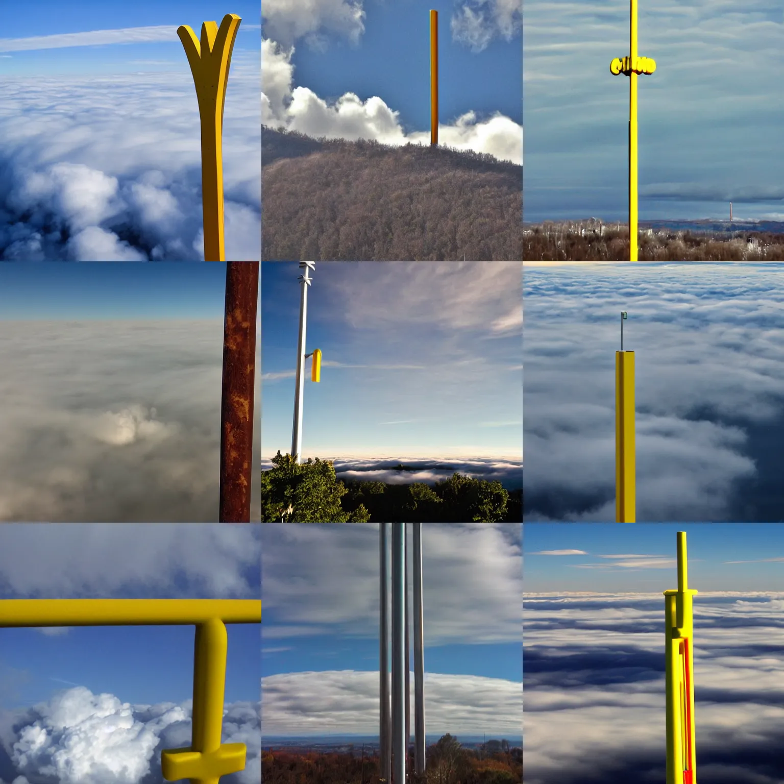 Prompt: very very tall pole towering above the clouds, mcdonald's golden arches on top