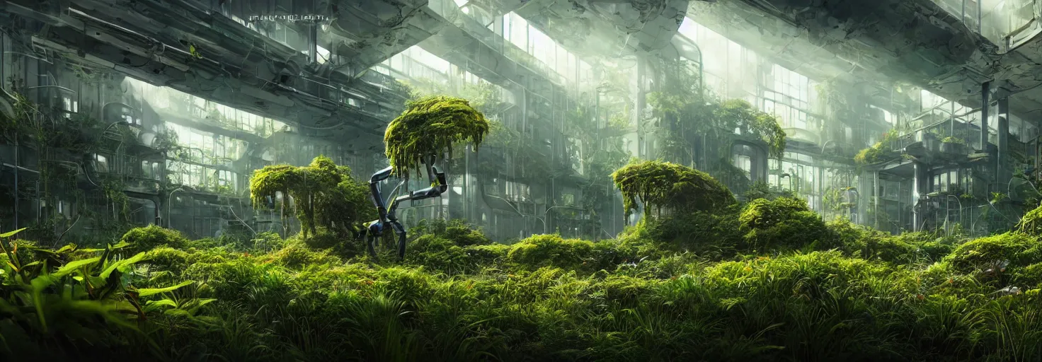 Prompt: brightly sunlit overgrown with plants and abandoned chemistry scientific laboratory from the distant future staffed by one dysfunctional dilapidated multiarmed bipedal robot, science fiction industrial hard science concept art, 8K render octane high definition cgsociety