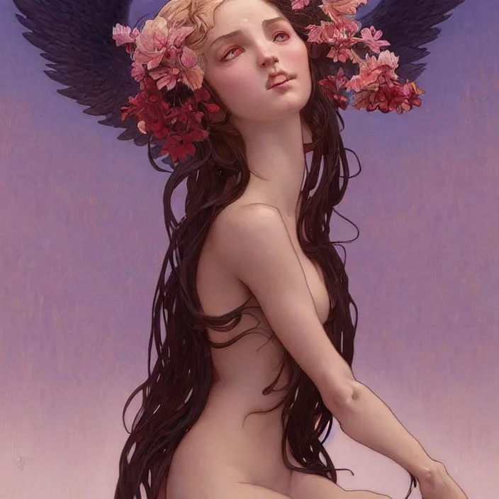 Prompt: a portrait of a beautiful! angel in low cut dress!! by ross tran!!! and alphonse mucha and greg rutkowski! and gustav dore! and zdzisław beksinski!, in style of digital art illustration. symmetry. highly detailed face. fantasy, smooth, hyper detailed, sharp focus, soft light. trending on artstation. 4 k