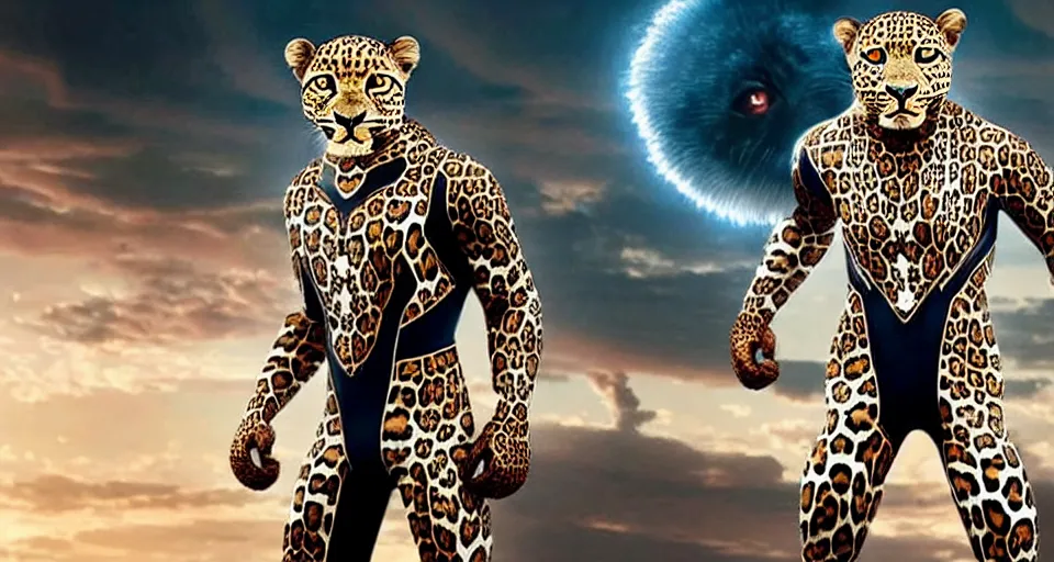 Image similar to A beautiful scene from a 2020 Marvel film featuring a humanoid leopard wearing a futuristic uniform on a starship. An anthropomorphic leopard in a uniform.