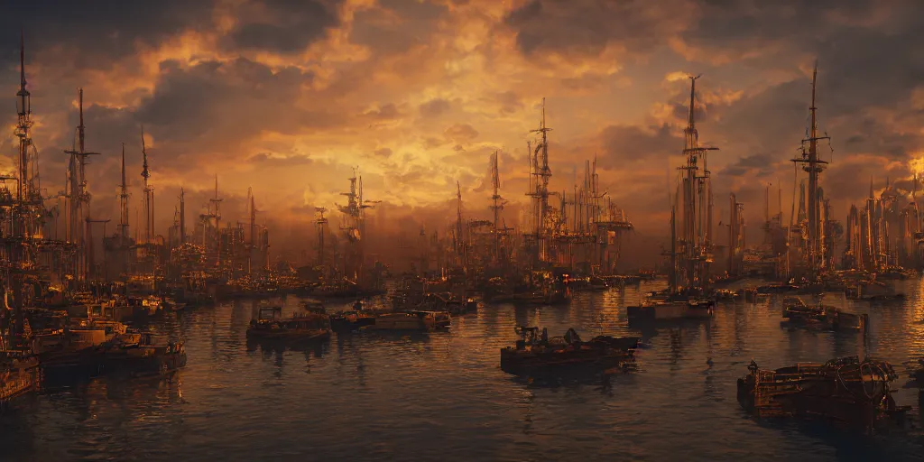 Image similar to a cinematic frame of a steampunk harbor at sunset, beautiful clouds in the sky, gold and copper color scheme hyperdetailed, 8 k