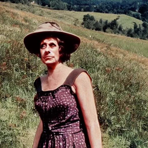 Image similar to middle aged woman who is half human, half muppet, wearing a dress, in the hillside, 1980 French film, archival footage, technicolor film expired film live-action, 16mm