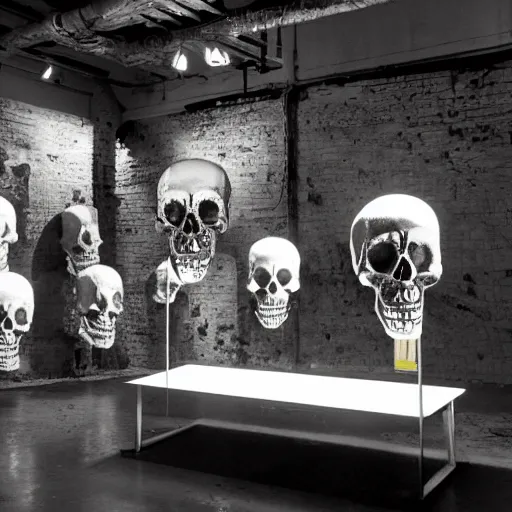 Prompt: a photograph of skull machine sculptures made by basquiat in a large studio space, perfect composition, dramatic lighting