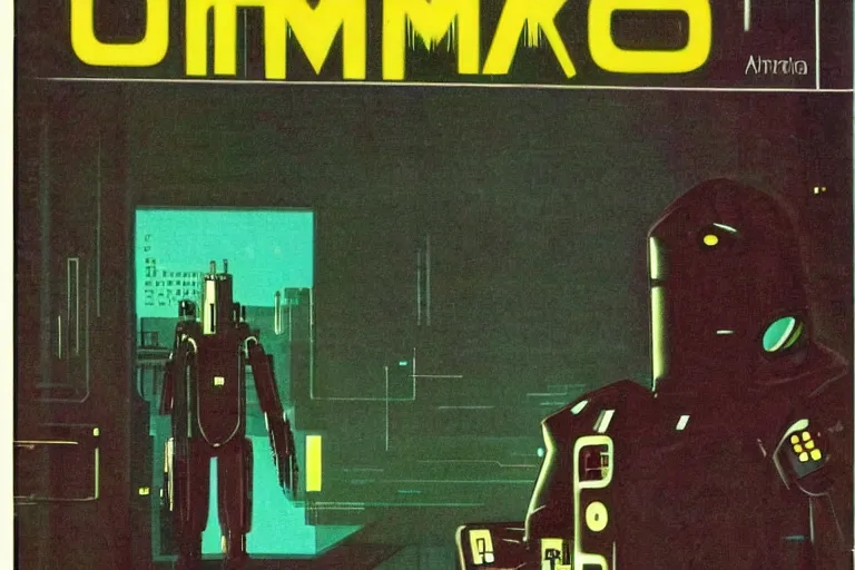 Prompt: 1979 OMNI Magazine Cover depicting a creepy angry imposing Android in the middle of a large room. Cyberpunk Akira style by Vincent Di Fate