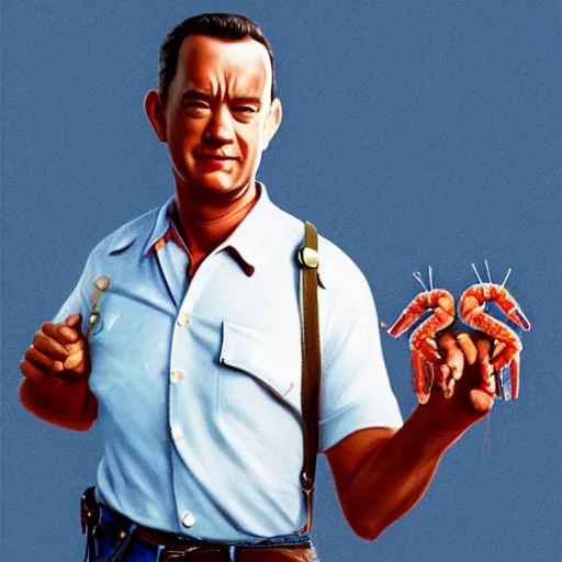 Image similar to tom hanks as forrest gump has shrimps instead of hands, photorealistic, cgsociety, artstation